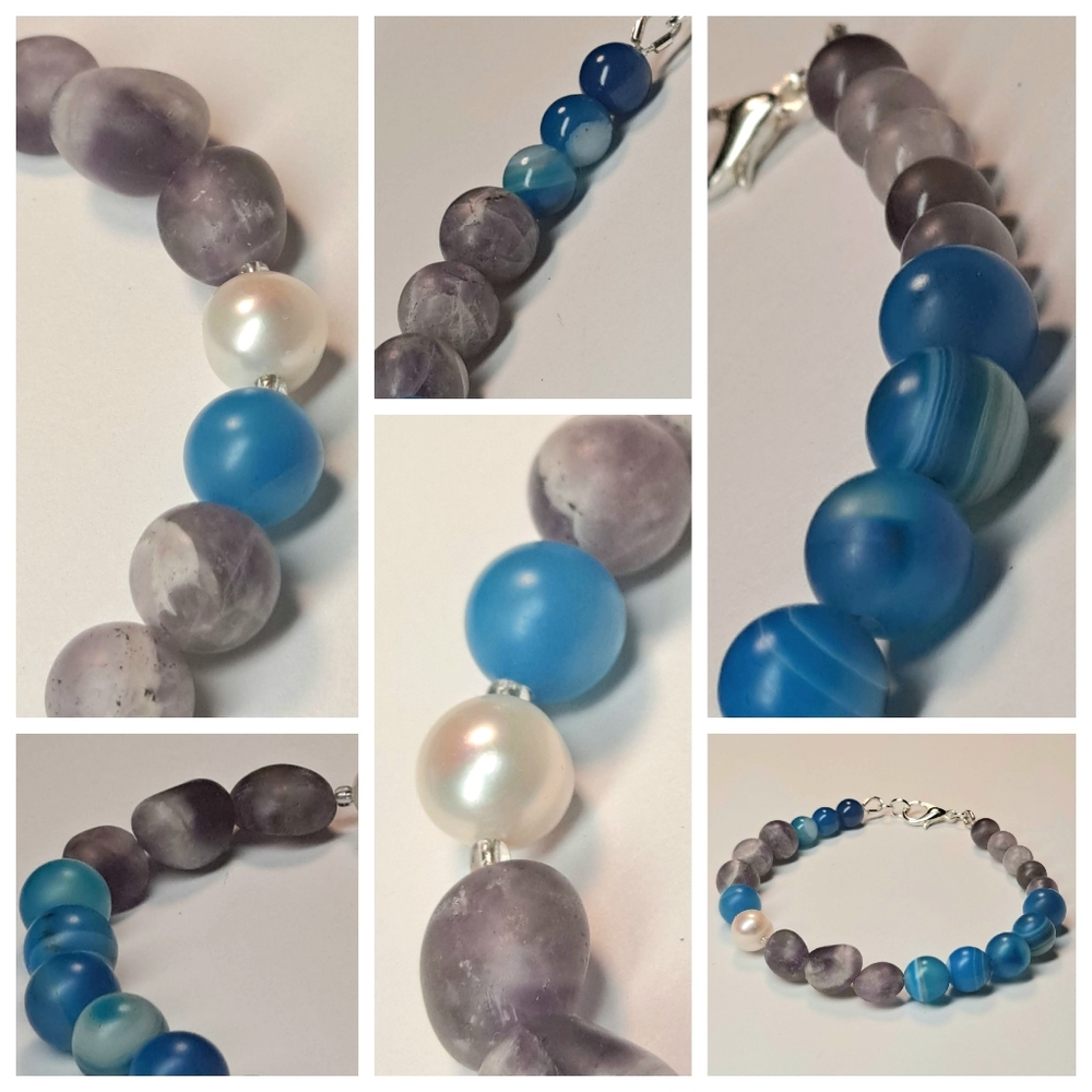 HORMONAL & SPIRITUAL BALANCE * AMETHYST * BLUE AGATE * PEARL GEMSTONE BRACELET